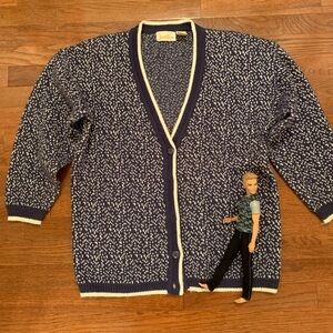 VINTAGE 70S JANTZEN CARDIGAN NAVY WHITE PURPLE SPECKLED FUZZY PREPPY SPORTSWEAR